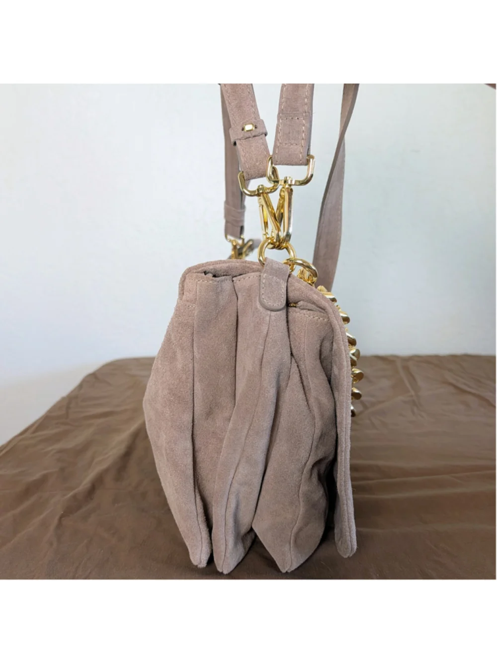 Viola Castellani Italian Suede Leather Chain Bag Taupe Slouchy Crossbody Purse